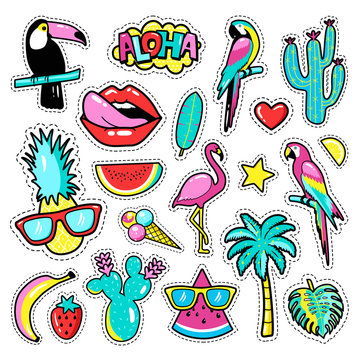 Fashion tropical patch badges with toucan, flamingo, parrot, exotic leaves, hearts, stars, lips, speech bubbles, pineapple. Vector illustration in cartoon 80s-90s style..