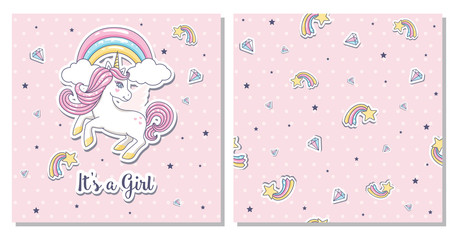 Greeting card it's a girl with unicorn on a pink background. Vector illustration.