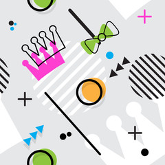 Trendy seamless, Memphis style Purim geometric pattern, vector