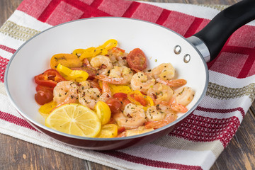 Shrimp veggie colorful bowtie pasta.