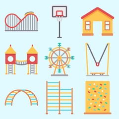 Icons set about Amusement Park with basketball, climb , roller coaster, game zone, playground and climbing