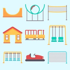 Obraz premium Icons set about Amusement Park with swings, skater, carousel, roller coaster, game zone and fun