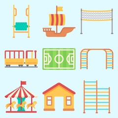Icons set about Amusement Park with soccer field, horse carousel, climbing, child train, game zone and sailing boat