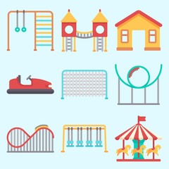 Icons set about Amusement Park with swing , bumber car, carousel, roller coaster, horse carousel and climb
