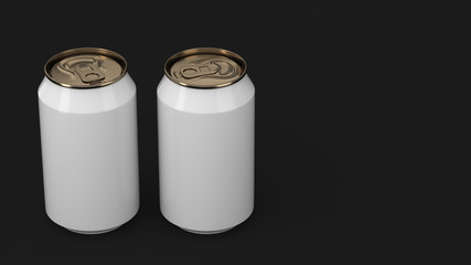 Two small white and gold aluminum soda cans mockup on black background