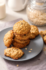 Healthy oatmeal cookies, vegan and vegetarian sweets, energy snack, homemade baked biscuits for dessert with oats