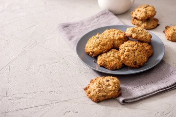 Healthy oatmeal cookies, vegan and vegetarian sweets, energy snack, homemade baked biscuits for dessert with oats