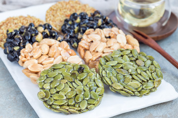 Korean traditional sweet snacks on a white plate, horizontal