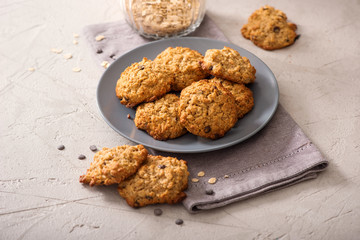 Healthy oatmeal cookies, vegan and vegetarian sweets, energy snack, homemade baked biscuits for dessert with oats