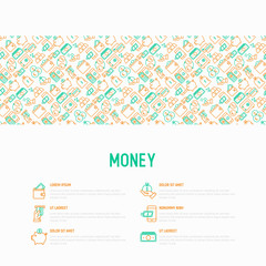 Money concept with thin line icons: cash, credit card, pos terminal, piggy bank, wallet, hand with coins, bag of gold. Modern vector illustration for banner, print media, web page.