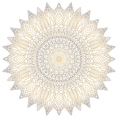 Mandala flower circular golden, brown vintage decorative element. Oriental floral ethnic pattern. Hand drawn isolated vector illustration. Indian, Chinese, Turkish, Islam, Arabic, Ottoman motifs