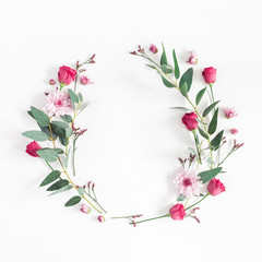 Obraz na płótnie Canvas Flowers composition. Wreath made of various pink flowers and eucalyptus branches on white background. Flat lay, top view, copy space, square