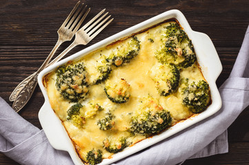 Casserole with broccoli, potatoes, eggs and cheese.