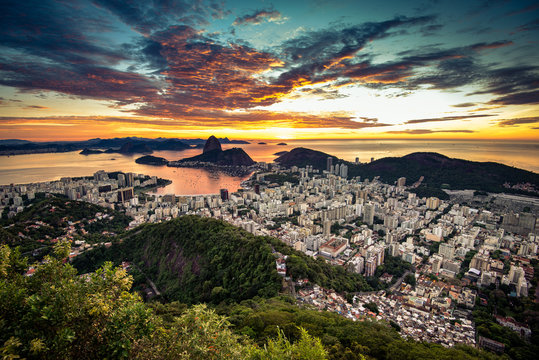 Rio de Janeiro View by Sunrise with Dramatic Sky and the Sugarloaf Mountain