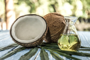 fresh coconuts on old wooden table