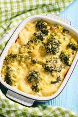 Casserole with broccoli, potatoes, eggs and cheese.