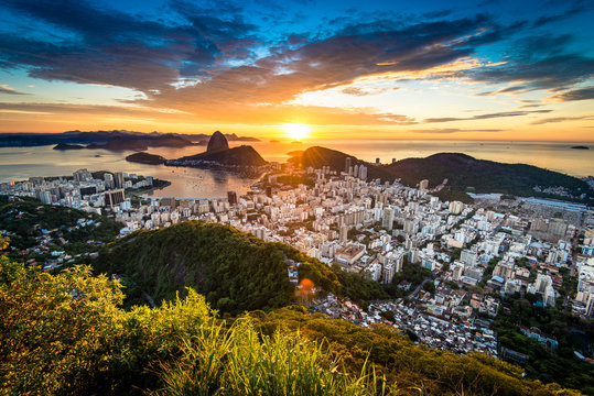 Beautiful colorful sunrise of Rio de Janeiro, as seen from Dona Marta observation point