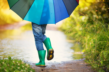 Child walking in wellies in puddle on rainy weather. Boy holding colourful umbrella under rain in...