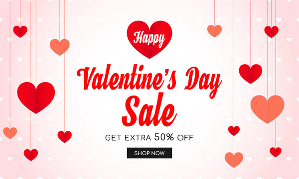 Valentine's Day Sale Banner Vector Illustration. Typography With Paper Heart Garland