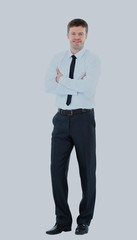 Full body portrait of happy smiling young business man, isolated on white background.