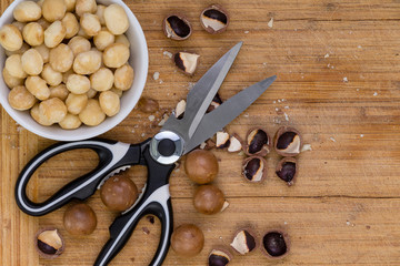 Scissors with shelled and whole macadamia nuts
