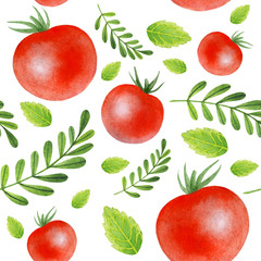 Painting of big red tomatos with leaves on white background