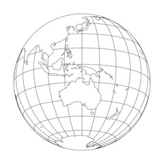 Outline Earth globe with map of World focused on Australia and Oceania. Vector illustration.