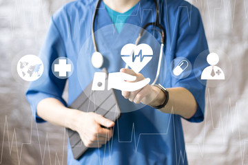 Doctor pushing button heart pulse healthcare network on virtual panel medicine.
