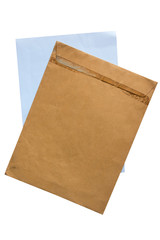 Old brown envelope and paper isolate on white background