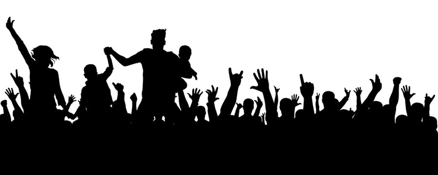 Cheerful crowd silhouette. Party people, applaud. Fans dance concert, disco.Hands up