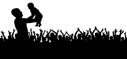 Crowd of people silhouette. A man is holding a child in his hands silhouette. Fans are happy for the birth of a child from the idol.