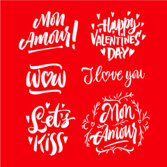 Set of Valentine's day lettering. Brush pen calligraphy hand drawn. Red on white modern stickers, posters with hearts. Collection.