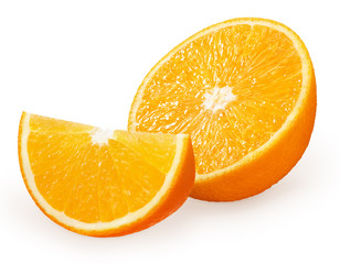 Half and slice of fresh orange fruit isolated on white