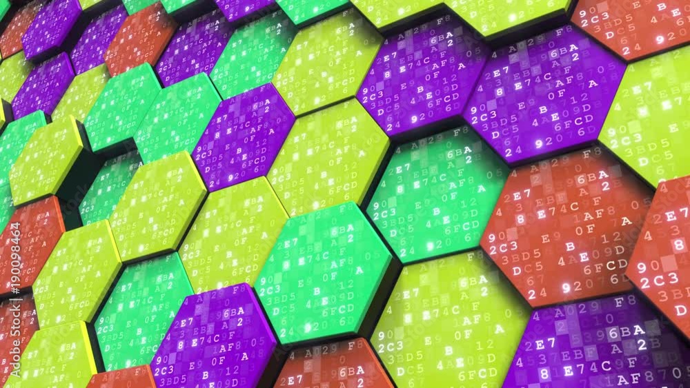 Aufkleber letters and numbers on abstract hexagons. information technology related animation