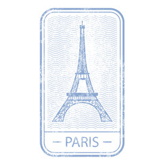 Stamp with symbol of Paris - Eiffel Tower, France travel