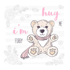 Cute hand drawn teddy bear with scarf. Valentines day greeting card