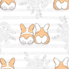 Cotton fabric Seamless pattern with two cute hand drawn dogs breed welsh corgi pembroke. Romantic floral background