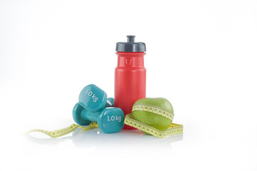 dumbbells and a water bottle. Summer diet and sport - obrazy, fototapety, plakaty