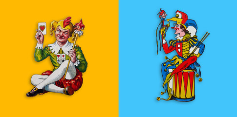 Dwa karciane joker w żółtym i niebieskim kwadracie