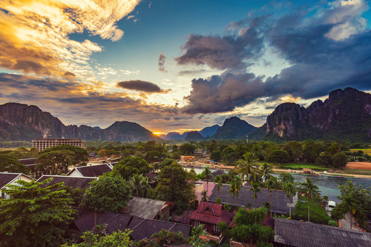 Landscape Viewpoint and beautiful sunset at Vang Vieng, Laos.