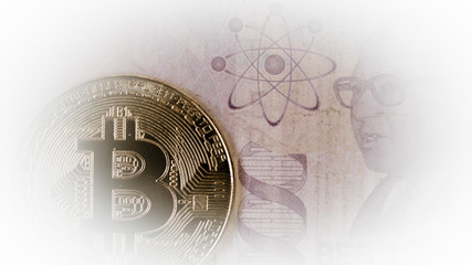 Close Up Of Bitcoin On Turkish Money Banknote, Selective Focused. Electronic Money And Real Currency Exchange Concept.