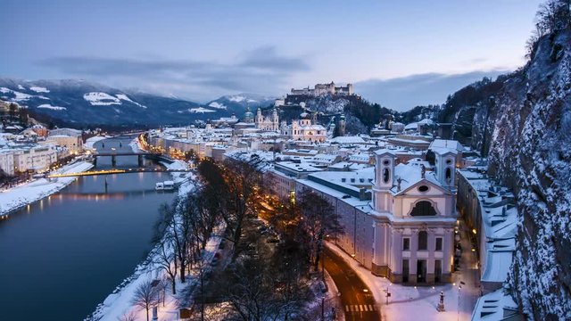 Salzburg day to night time-lapse in winter, Salzburger Land, Austria