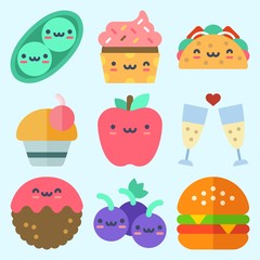 Icons set about Food with pea, grapes, taco, meatball, toast and hamburger