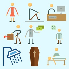 Icons set about Human with working, sad man, television, coffin, massage and exchanger