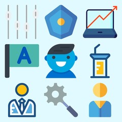 Icons set about Business with stats, search, user, presentation, flag and shield