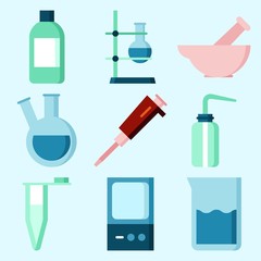 Icons set about Laboratory with desiccator, lab, flask, jar, dropping liquid and condenser