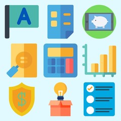Icons set about Business with flag, calculator, idea, smartphone, bar chart and list