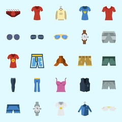 Icons set about Man Clothes with short, underwear, cap, sunglasses, trousers and sleeveless