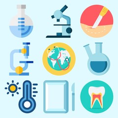 Icons set about Medical with worldwide, flask, teeth, surgery, thermometer and microscope