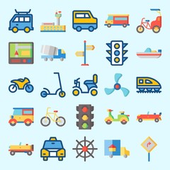 Icons set about Transportation with train, truck, propeller, rudder, bicycle and motorbike